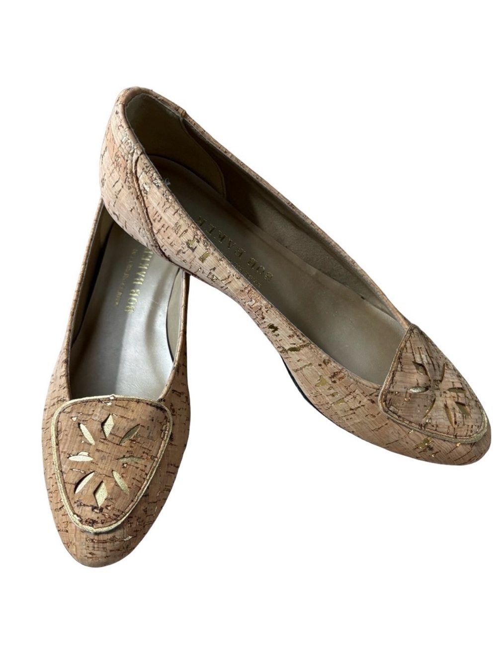 Bob Baker Rare cork Tan and Gold Flats with Shimmery Cut-Out Design